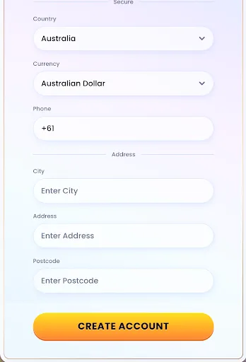 Casinolab registration form with country, currency, address fields and ‘Create Account’ button
