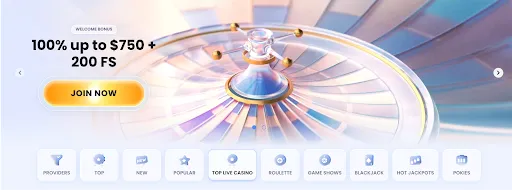 Casinolab welcome bonus banner with a stylized roulette wheel and a 'Join Now' button