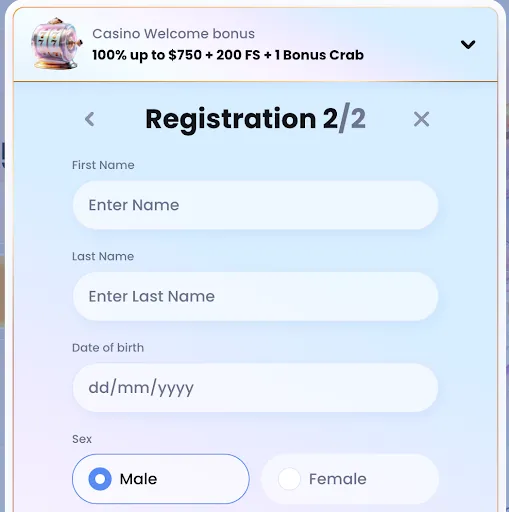 Casinolab registration modal showing bonus header, email & password fields, terms checkboxes and Next Step button