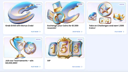 Casinolab special promotions cards showing bonus crab, coin exchange, challenge rewards, tournament prizes and VIP badge icons