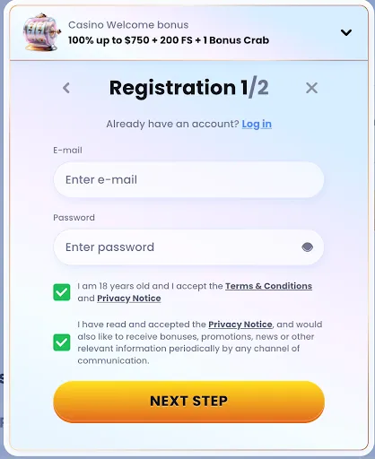 Casinolab registration modal showing welcome bonus offer of 100% up to $750, 200 free spins, and 1 Bonus Crab