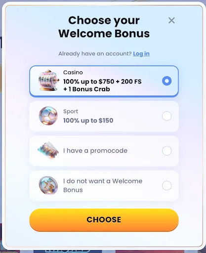 Casinolab welcome bonus selection modal showing options for Casino bonus, Sport bonus, promocode and no bonus