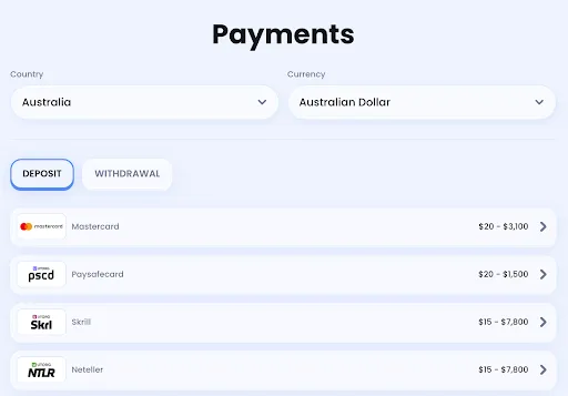 Zahlungsarten-Liste mit Mastercard, Paysafecard, Skrill und Neteller für Australien/Australischen Dollar