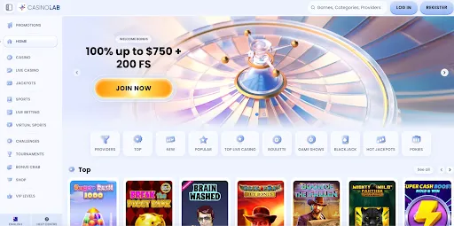 Casinolab homepage with side menu, top navigation and a welcome bonus banner featuring a stylized roulette wheel and a Join Now button